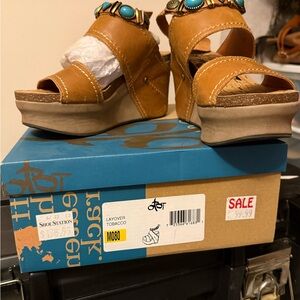 Jack Rogers Tobacco Wedge Sandals with Turquoise Accents